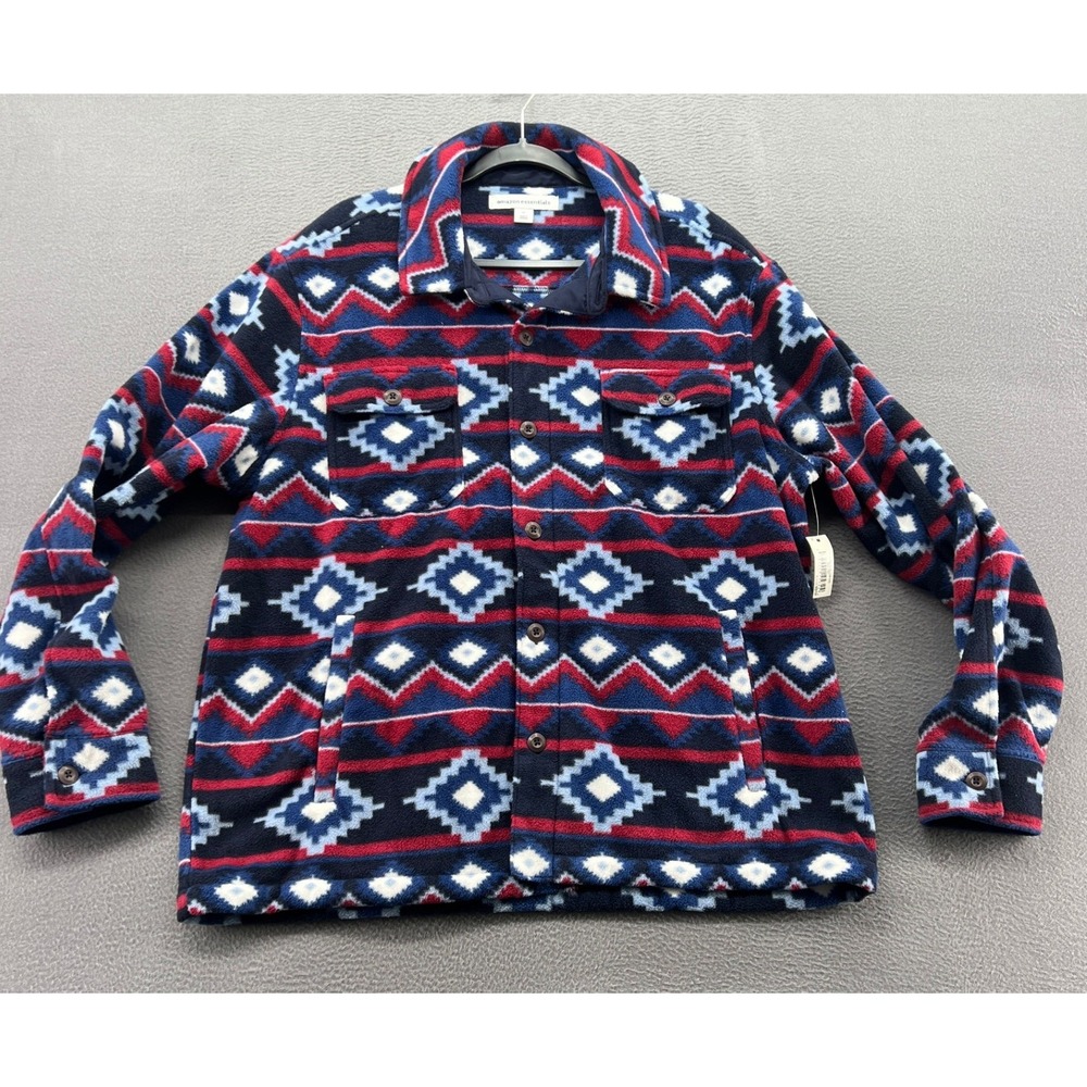 Amazon Essentials Mens Fleece Shirt Jacket XL Southwestern Geo Navy Red Aztec